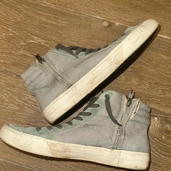 GOLDEN GOOSE SLIDE HIGH TOP SNEAKERS GRAY CANVAS & BLUE SUEDE Size 40 - Picture 4 of 5